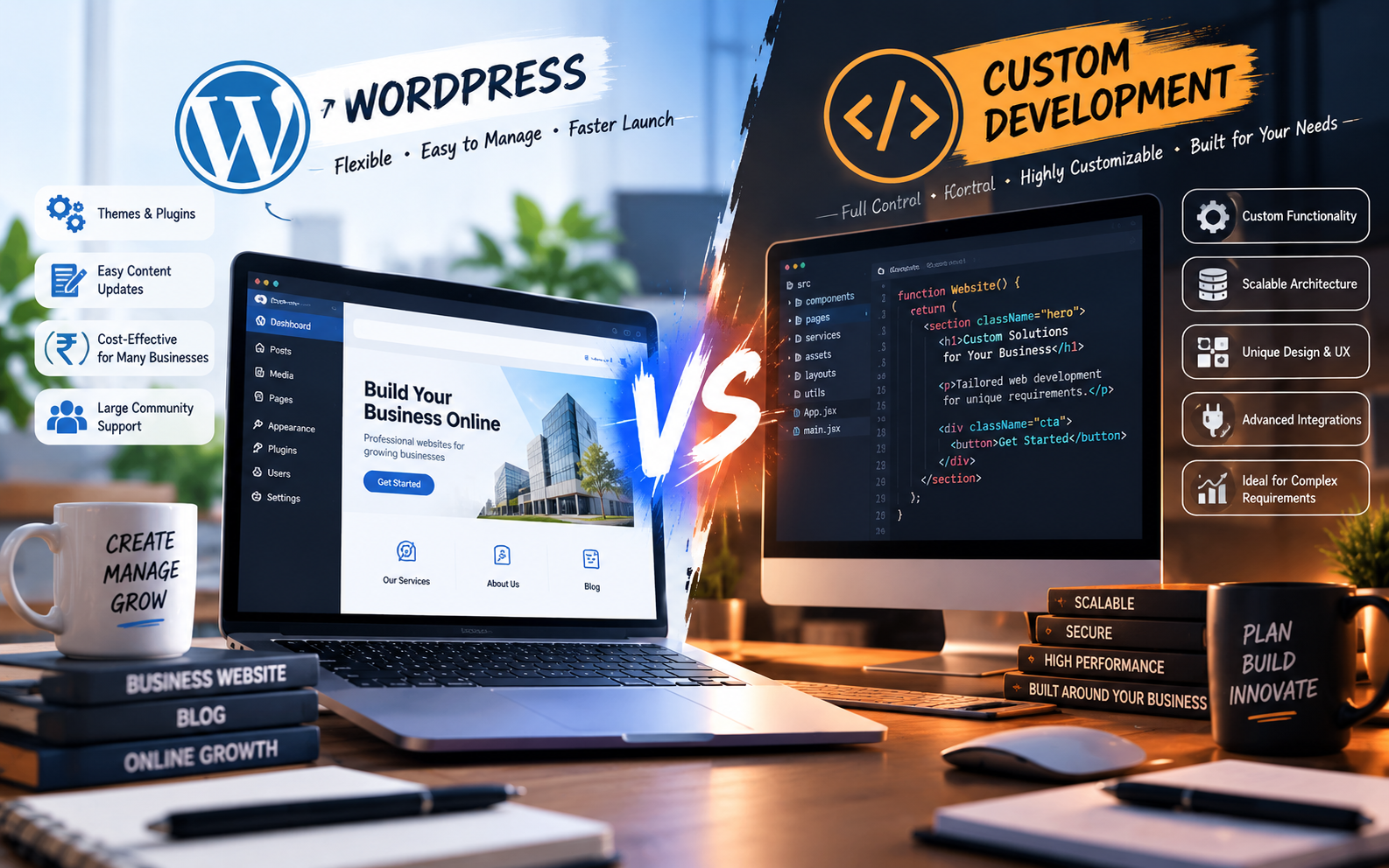 WordPress vs custom website development comparison for business websites