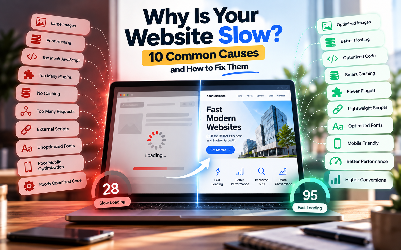 Website speed optimization showing common causes of a slow website