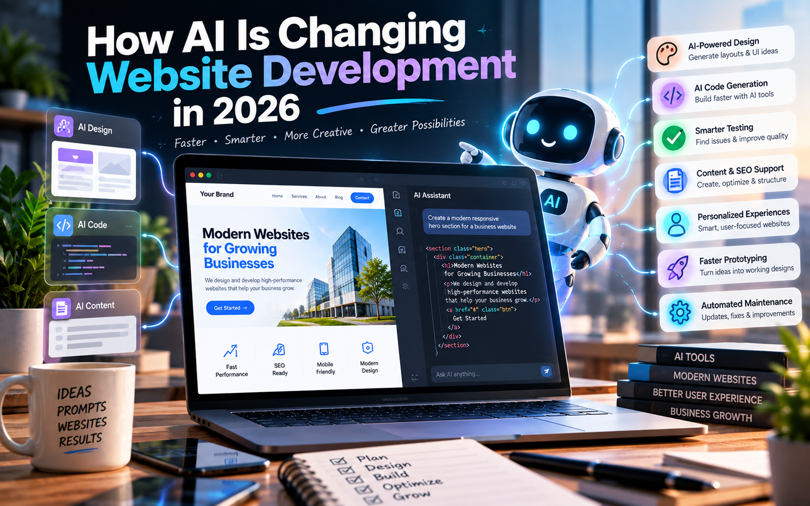 AI website development showing artificial intelligence transforming modern web development