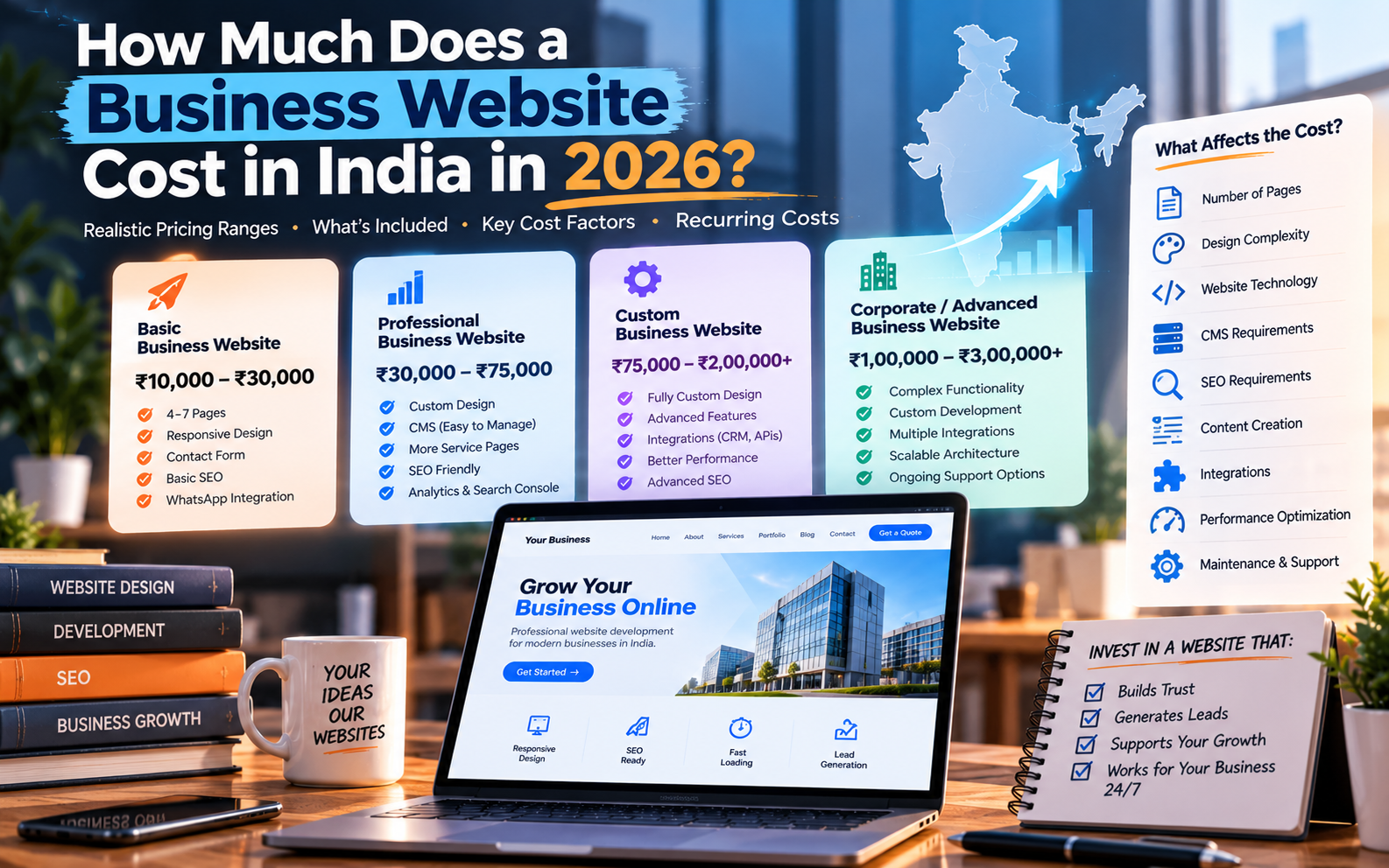Business website cost in India 2026 showing different website development budgets